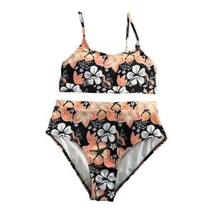 Swim Suit Women’s Size Small 2 Piece Floral Print Orange Black U Neck Like New